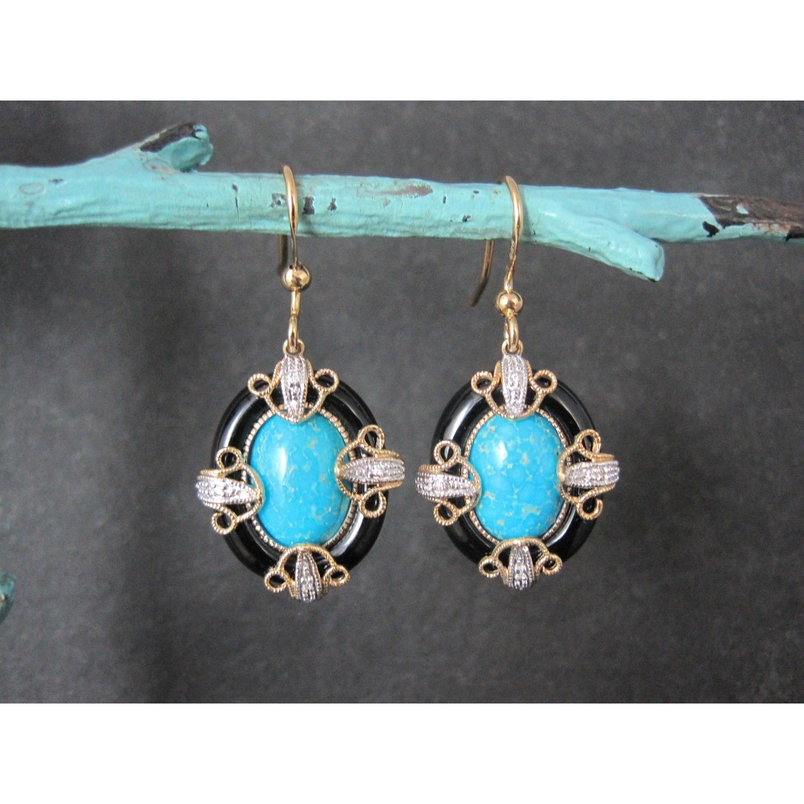Art Deco Onyx Turquoise Diamond Earrings Gold Vermeil Over Sterling Silver
